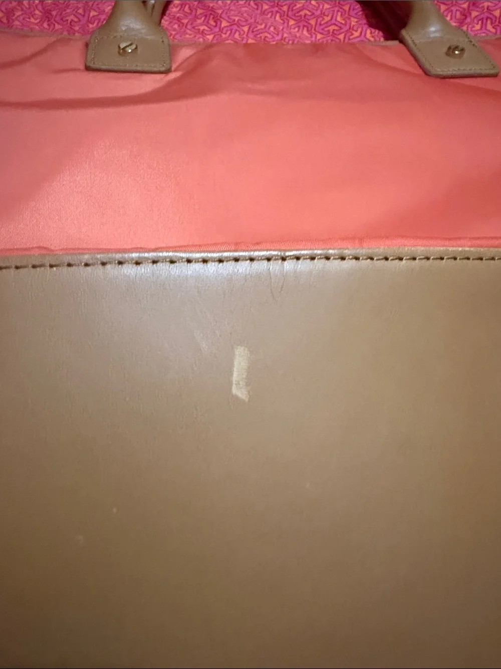 Tory Burch Coral Nylon Tote with Tan Leather Handles